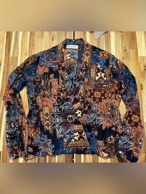 Veronica M. Geometric Aztec Blouse in Navy, Rust & Gold